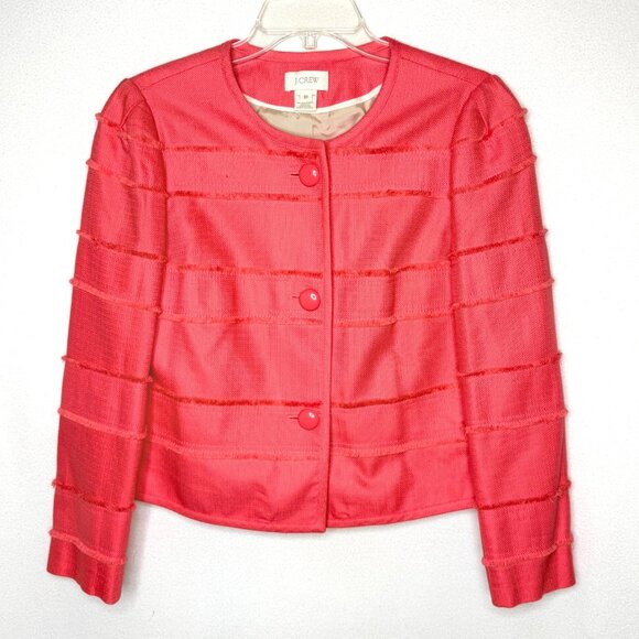 J. Crew Cropped Coral Blazer Lined - Fringe Trim - Size 10 - Picture 3 of 9